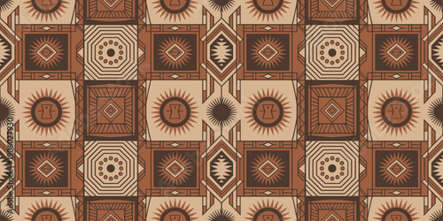 Seamless geometric tribal pattern in warm earthy tones featuring sun motifs and abstract shapes inspired by indigenous art for authentic cultural backgrounds and decorative textiles modern bohemian gr