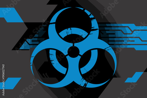 Blue biohazard symbol warning alert concept with futuristic digital circuit board pattern background danger contamination threat alert for science healthcare industry and pandemic awareness emergency