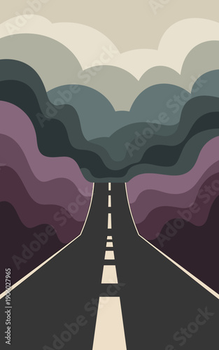 Abstract landscape highway vanishing point leading towards stylized rolling hills and dramatic cloudy sky in vintage retro color palette for journey concept and travel adventure background