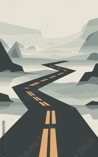Winding asphalt road with yellow lane markers leading through misty mountains creating a sense of journey exploration and future possibility abstract landscape illustration for travel business and for