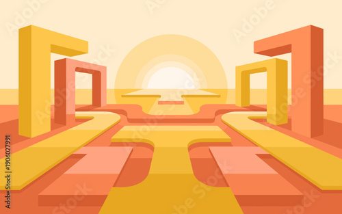 Abstract geometric pathways leading towards bright sunrise horizon with architectural elements representing choices opportunities future planning strategy and decision making concept for business grow