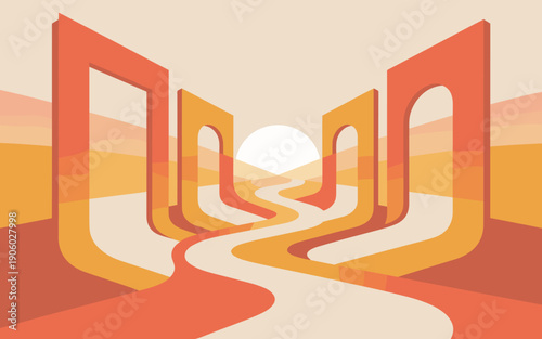 Abstract landscape perspective with winding road pathways through modern archways towards bright sunburst horizon warm retro color palette graphic design concept for journey growth and future explorat