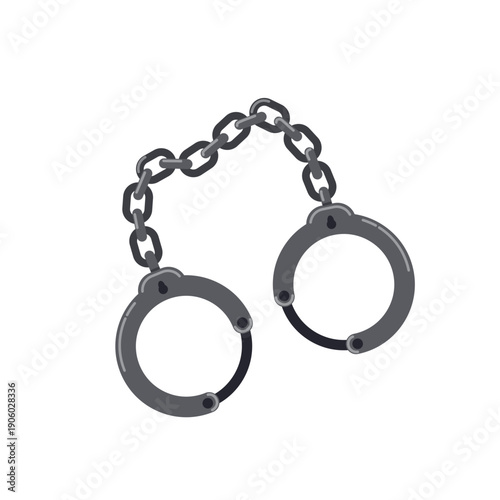 Metal handcuffs, chain-linked bracelets, shackles. Police inventory for restraining criminals and disorder offenders. Flat vector.