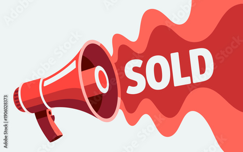 Red megaphone announcing SOLD with vibrant sound wave graphic communication for business success real estate achievement sale confirmation announcement marketing promotion advertising concept