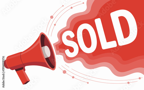 Red megaphone announcing SOLD with sound waves and dots graphic design for real estate sales marketing and business success announcements announcement concept illustration for advertising and promotio