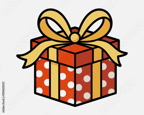 Festive red gift box with white polka dots and golden ribbon bow illustration for celebration surprise and holiday season events perfect for marketing promotions and greeting cards