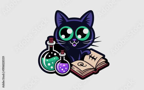 Cute black cat character studying magic potions and ancient spellbook adorable wizard apprentice learning alchemy mysterious fantasy creature illustration for children books educational materials and