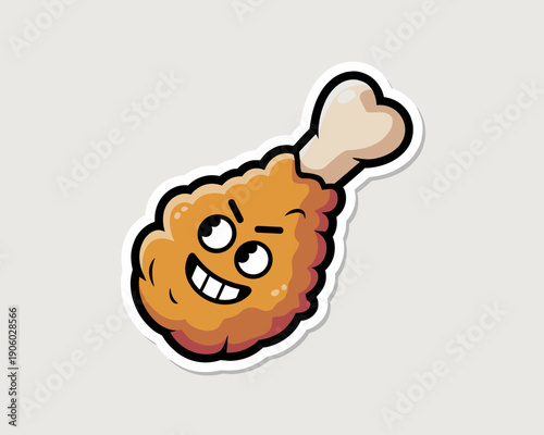Funny cartoon fried chicken leg character with mischievous expression smiling winking eyes and playful smirk illustration for food branding fast food advertising restaurant menu design happy meal icon