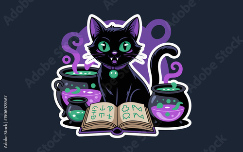 Cute black cat with green eyes sitting with bubbling cauldrons and spellbook illustration for Halloween concept spooky magic potion making whimsical fantasy creature character art for autumn holiday c