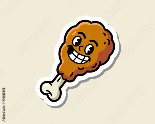 Funny cartoon fried chicken leg character with happy face smiling and winking isolated on light background retro style illustration for food branding restaurant advertising kids menu design fast food