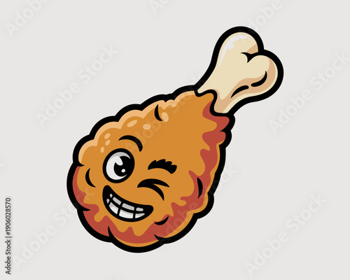 Cute cartoon fried chicken leg character winking and smiling with joy funny food mascot illustration for restaurant menu advertising fast food branding and cafe promotion playful delicious snack conce