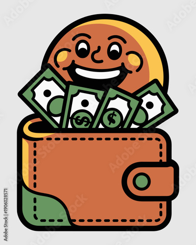 Happy cartoon character face peeking out of overflowing leather wallet full of cash money bills concept illustration for finance wealth savings success and financial planning business