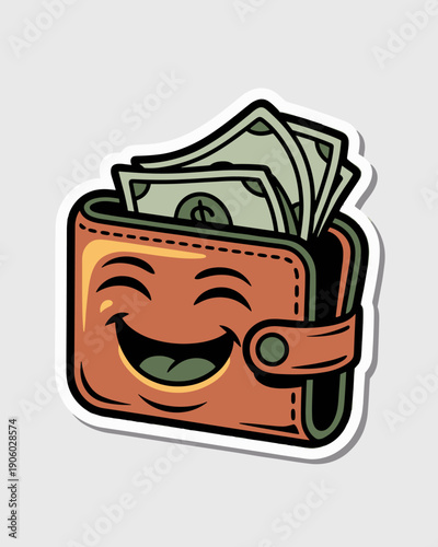 Smiling cartoon wallet full of cash money happy character illustration vibrant colors finance concept for financial success wealth and savings for business presentations marketing advertising and webs