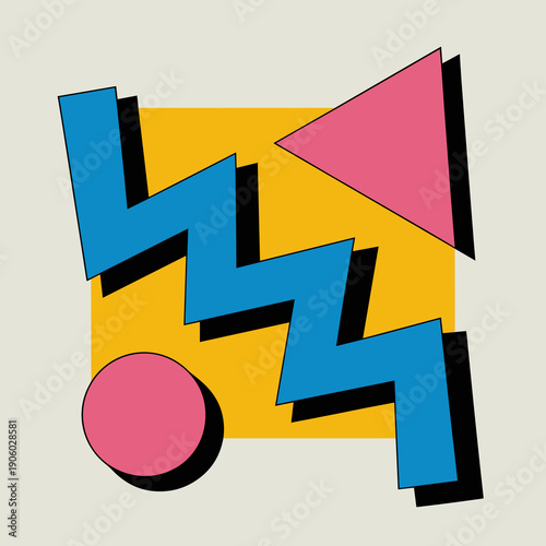 Retro 80s 90s Memphis style geometric abstract background vibrant pop art design energetic zigzag pattern triangle circle square shapes bold colors playful graphic resource for vintage posters and mod