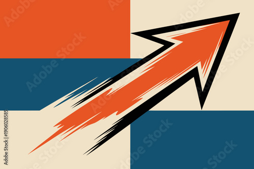 Orange arrow graphic rising upwards with black outline and brush stroke effect on abstract geometric background of blue and cream squares symbolizing growth success progress and forward momentum for b