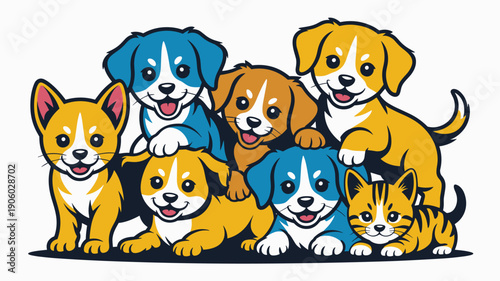 Cute cartoon puppy and kitten group illustration happy adorable animals playing together friendly pets friendship concept for children books veterinary clinics pet care websites and adorable animal gr