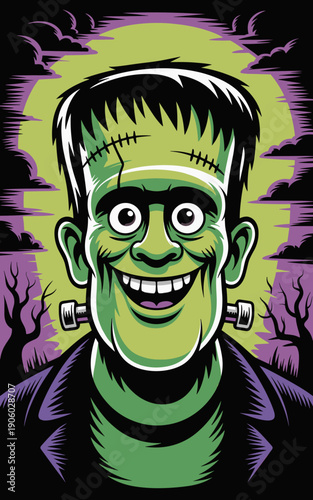 Frankenstein monster portrait illustration happy grinning spooky character with bolts on neck and stitches on head for halloween party invitation or scary movie poster horror concept graphic design sp