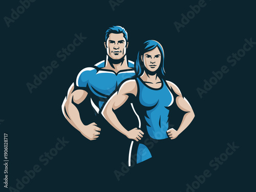 Muscular male and female fitness models posing confidently strong athletic bodybuilders representing health and wellness for sports gyms and active lifestyle branding vector illustration
