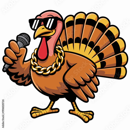 Cool cartoon turkey rapper singing into microphone wearing sunglasses and gold chain for Thanksgiving music celebration holiday party entertainment concept illustration