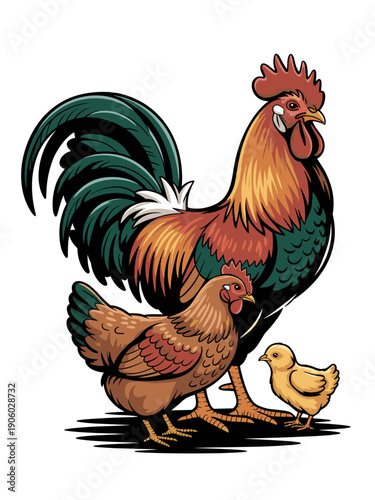 Rooster hen and chick family group standing together farm poultry animals cartoon illustration vibrant rural farm animal concept for agricultural themes and countryside lifestyle marketing