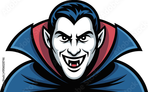Cartoon vampire character illustration menacing smile fangs showing dark spooky evil creature with blue cape and red collar for Halloween or horror themes mascot emblem graphic design element spooky m