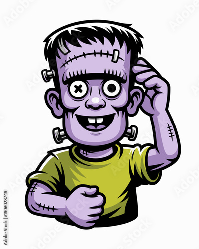 Cartoon Frankenstein monster character smiling with stitches and bolts on head and body funny spooky creature illustration for Halloween party invitation or spooky event graphic design concept