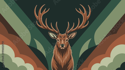 Majestic stag deer prominently featured with large antlers against a stylized abstract forest background earthy tones modern flat illustration representing nature wildlife wilderness and natural beaut