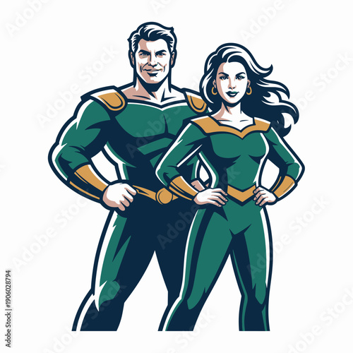 Superhero couple standing confidently together power duo team strength courage concept illustration for motivational campaigns advertising marketing presentations and heroic success stories representi