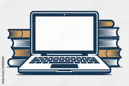 Modern laptop computer open with blank screen surrounded by stack of classic books symbolizing education knowledge learning information research and online study concept for academic digital library a
