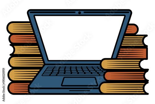 3D laptop computer with stacks of antique books on both sides representing learning education knowledge research and modern technology blended for digital information access online study and research