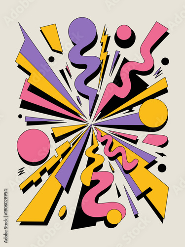Retro abstract explosion burst geometric shapes dynamic composition 1980s 1990s retro wave style colorful explosion background energetic motion graphic design visual art concept vibrant retro pop art