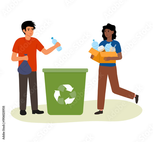 Recycling plastic waste container. Young man and woman sorting garbage. Flat vector illustratiion. Plastic bottles and other trash