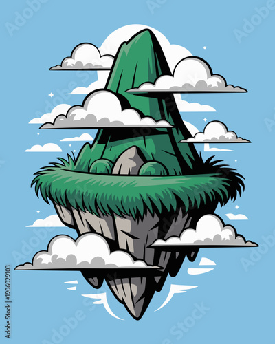 Floating island mountain peak lush green grass surrounded by clouds in sky surreal fantasy landscape concept whimsical adventure journey exploration discovery spiritual growth paradise serene nature v