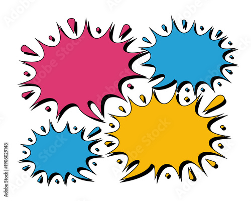 Colorful comic book explosion speech bubbles pink blue yellow abstract design elements for dialogue communication messages and graphic resources for advertising marketing presentations and social medi