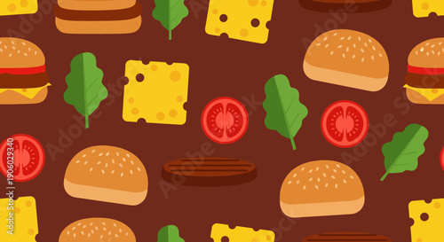 Seamless pattern of hamburger ingredients on a dark brown background