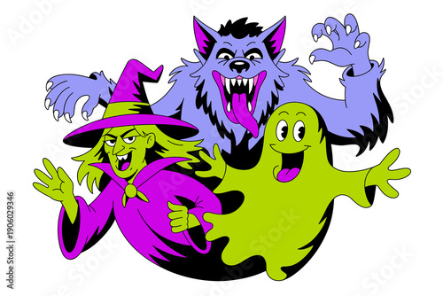 Cartoon Halloween monsters witch werewolf ghost characters spooky fun illustration for holiday celebration party invitation greeting card design kids animation cartoon style