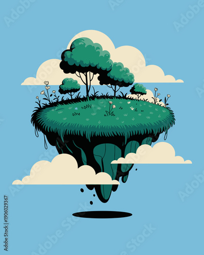 Floating island landscape with lush green grass trees and small flowers amidst fluffy clouds in a clear blue sky surreal fantasy nature scene illustration for storybook fantasy concept art whimsical d