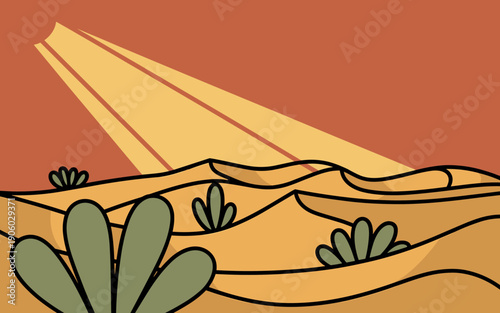 Stylized desert landscape with rolling sand dunes and sparse vegetation under a warm orange sky with bright yellow sunbeams shining down creating a peaceful serene mood for travel tourism or environme