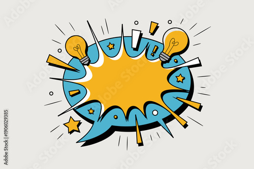 Bright idea explosion comic speech bubble with light bulbs and stars symbolizing innovation creativity brainstorming and problem solving for presentations business communication and conceptual design