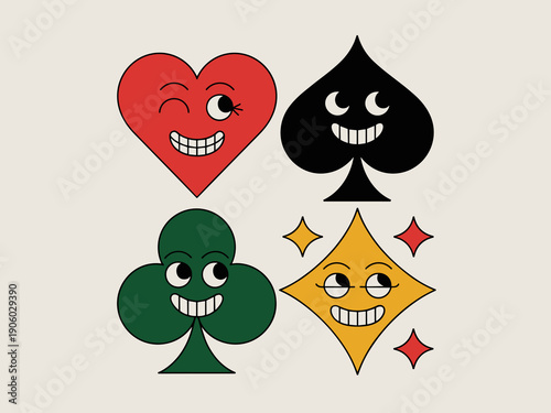 Retro playing card characters winking smiling and happy with sparkling dice and stars for casino games or gambling concept vintage style illustration for entertainment advertising and playful graphics