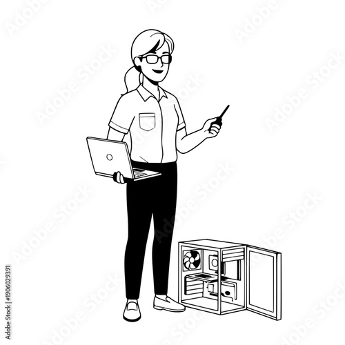 Cartoon Technician Repairing Computer Hardware – Tech Support Line Art Illustration