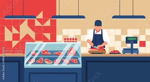 Butcher Cutting Raw Meat Behind Counter in Meat Shop Illustration