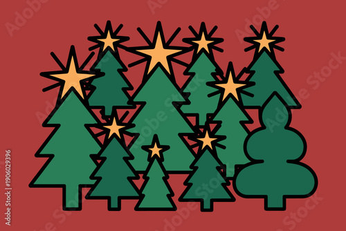 Christmas trees with star toppers festive holiday scene simple modern flat illustration green fir pine forest background for winter season greeting cards advertising marketing website banners seasonal
