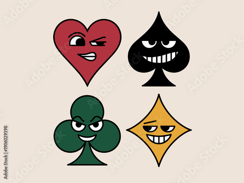Four playing card suits characters with funny expressive faces showing emotions like mischief and confidence in a playful cartoon style illustration for gambling games and casino concepts