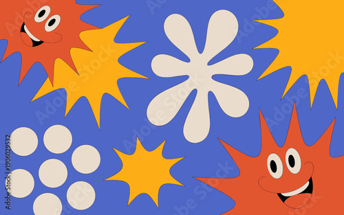 Retro cartoon star characters with happy faces and abstract shapes on a blue background playful energetic abstract design for kids children's books animation graphics and vibrant marketing materials