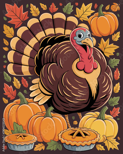 Cute cartoon turkey character with pumpkins and pies surrounded by autumn fall leaves a festive Thanksgiving holiday illustration for seasonal celebrations food and harvest themes