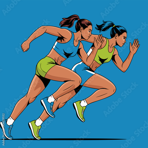 Two athletic women runners racing forward side by side in dynamic motion captured in a vibrant pop art illustration style conveying speed competition and determination for sports fitness and active li