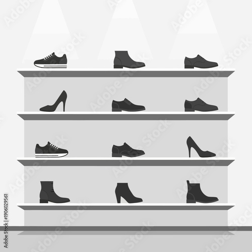 Retail Shoe Display Shelf with Various Footwear in Monochromatic Style