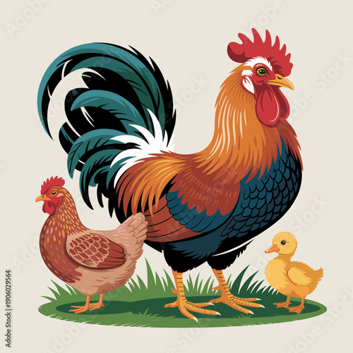 Majestic rooster standing proudly with hen and chick on green grass farm yard family concept illustration domestic poultry rural farm life barnyard animals vibrant colorful plumage natural farmyard sc