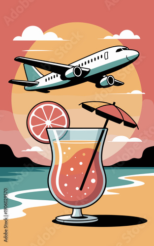 Airplane flying over tropical beach with cocktail drink and orange slice vacation travel concept holiday getaway relaxation summer refreshment drink umbrella beachside paradise destination journey adv